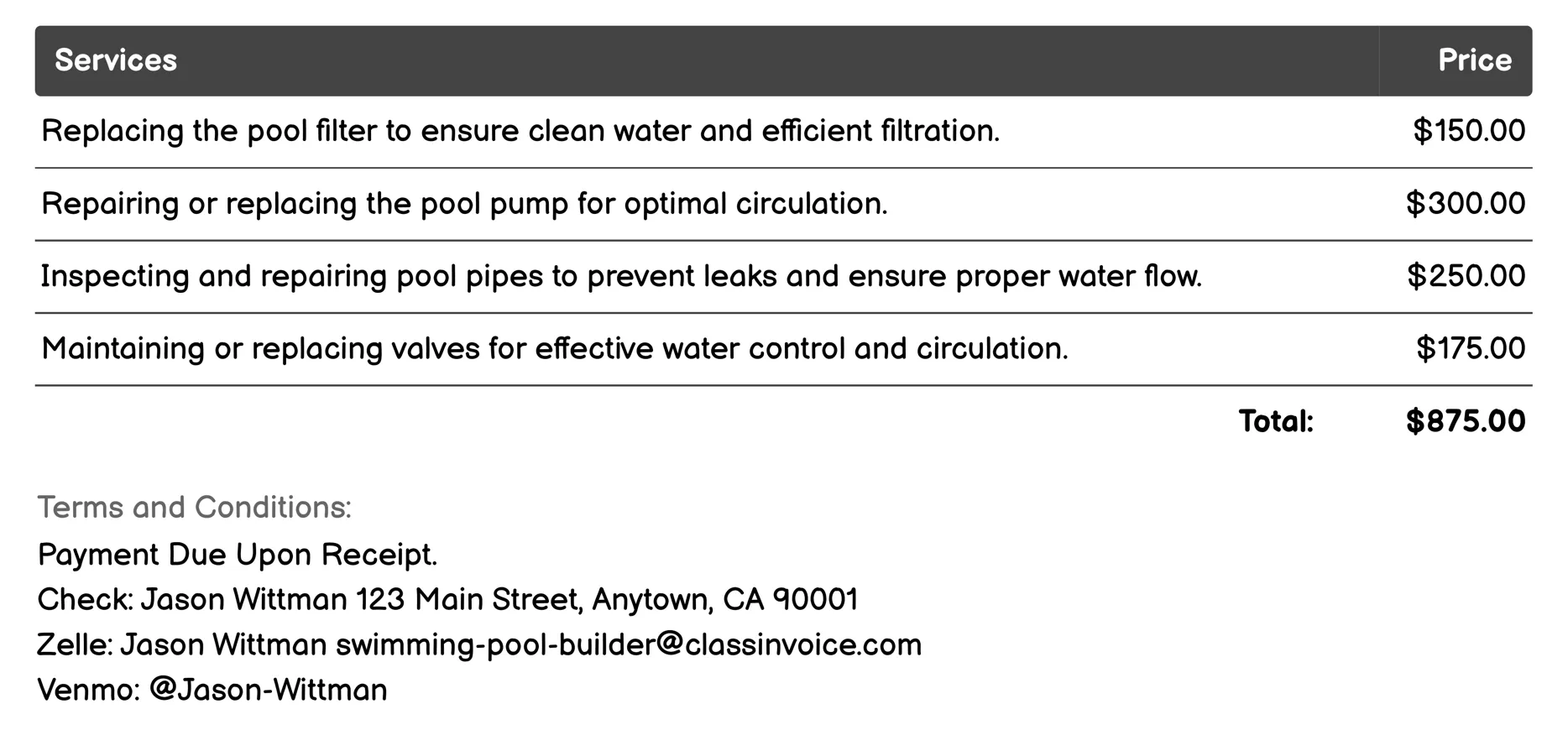 Filtration and Circulation Systems Invoice Example