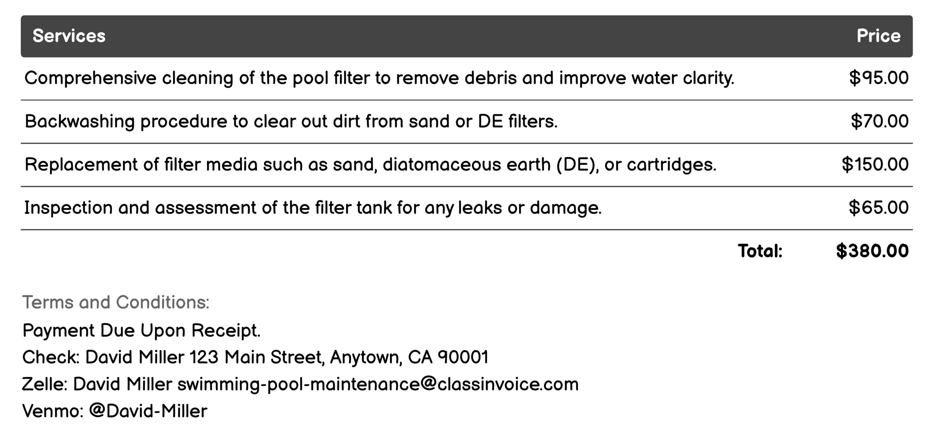 Filter Maintenance Invoice Example