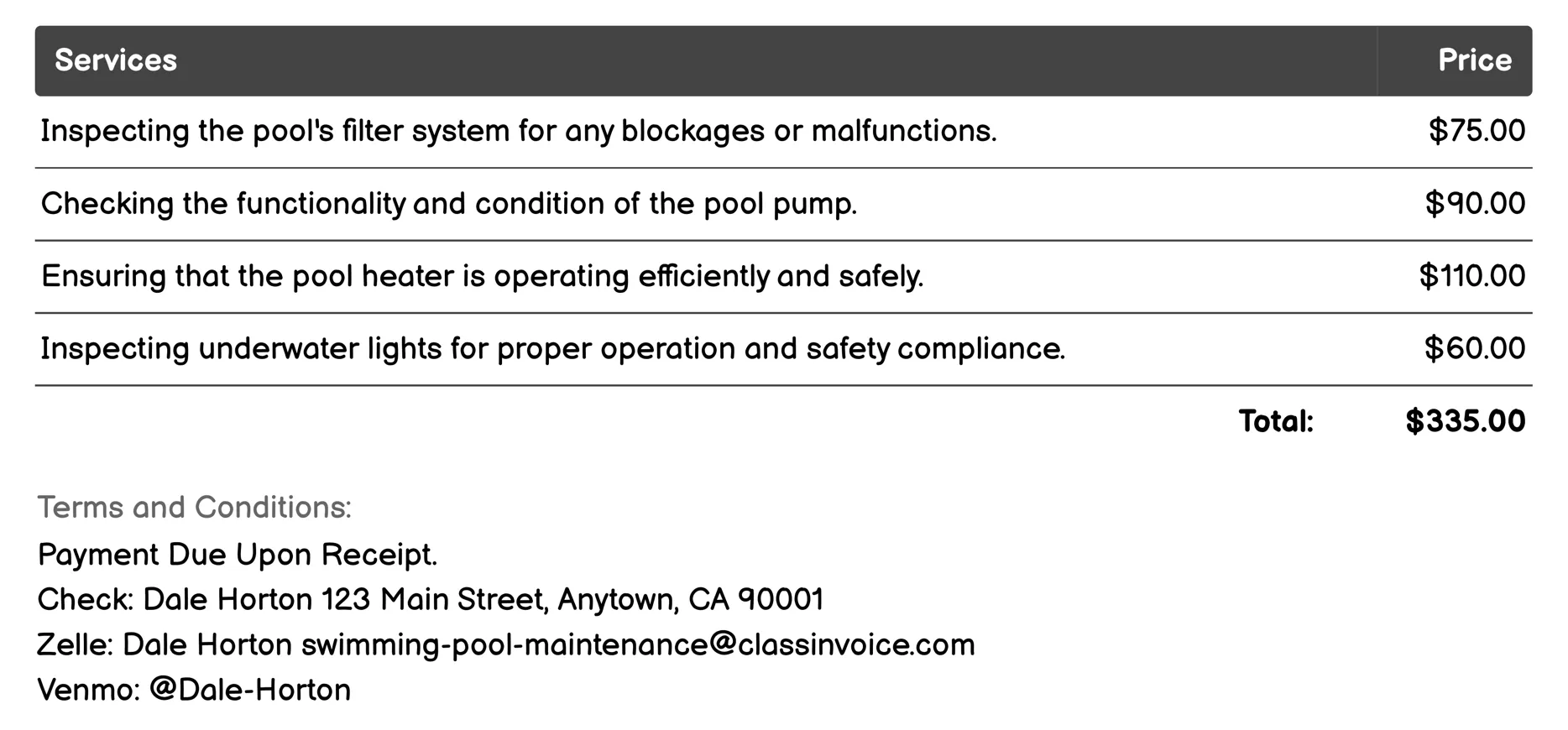 Pool Equipment Inspection Invoice Example