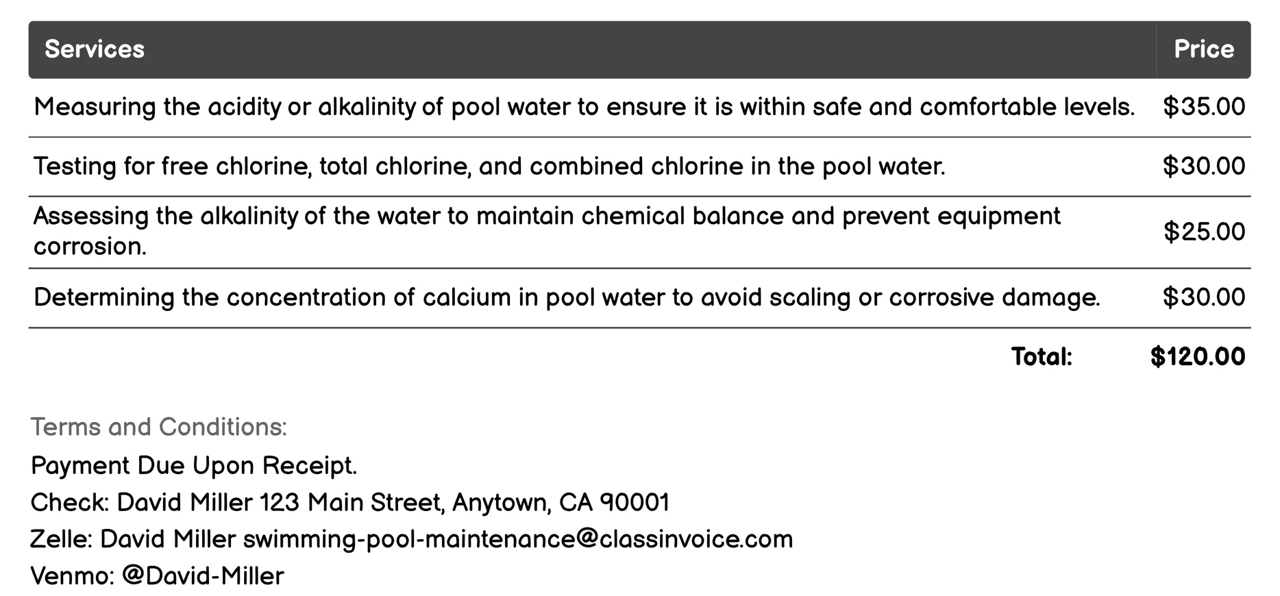 Water Testing and Treatment Invoice Example