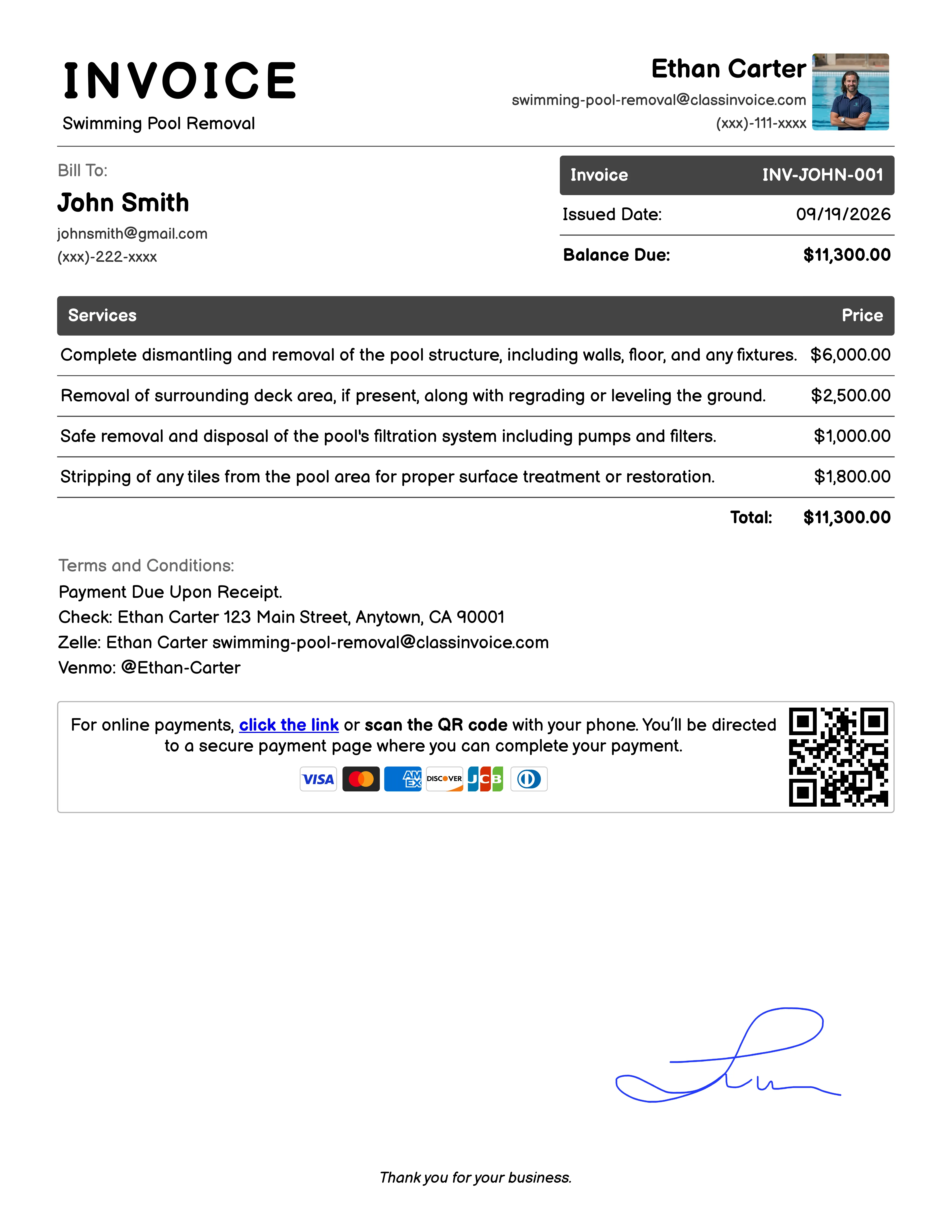Swimming Pool Removal Invoice Example