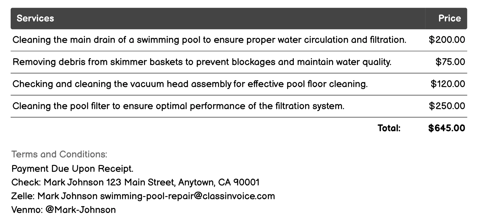 Drain Cleaning Invoice Example