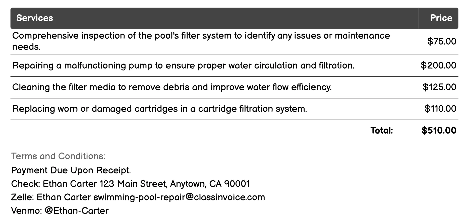 Filter System Repair Invoice Example