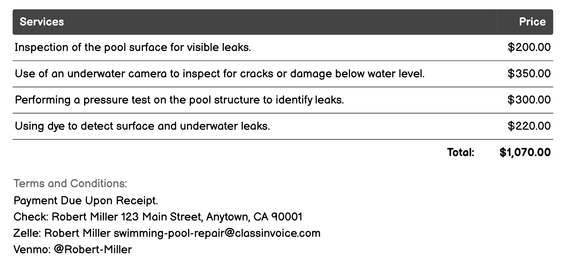 Leak Detection Invoice Example