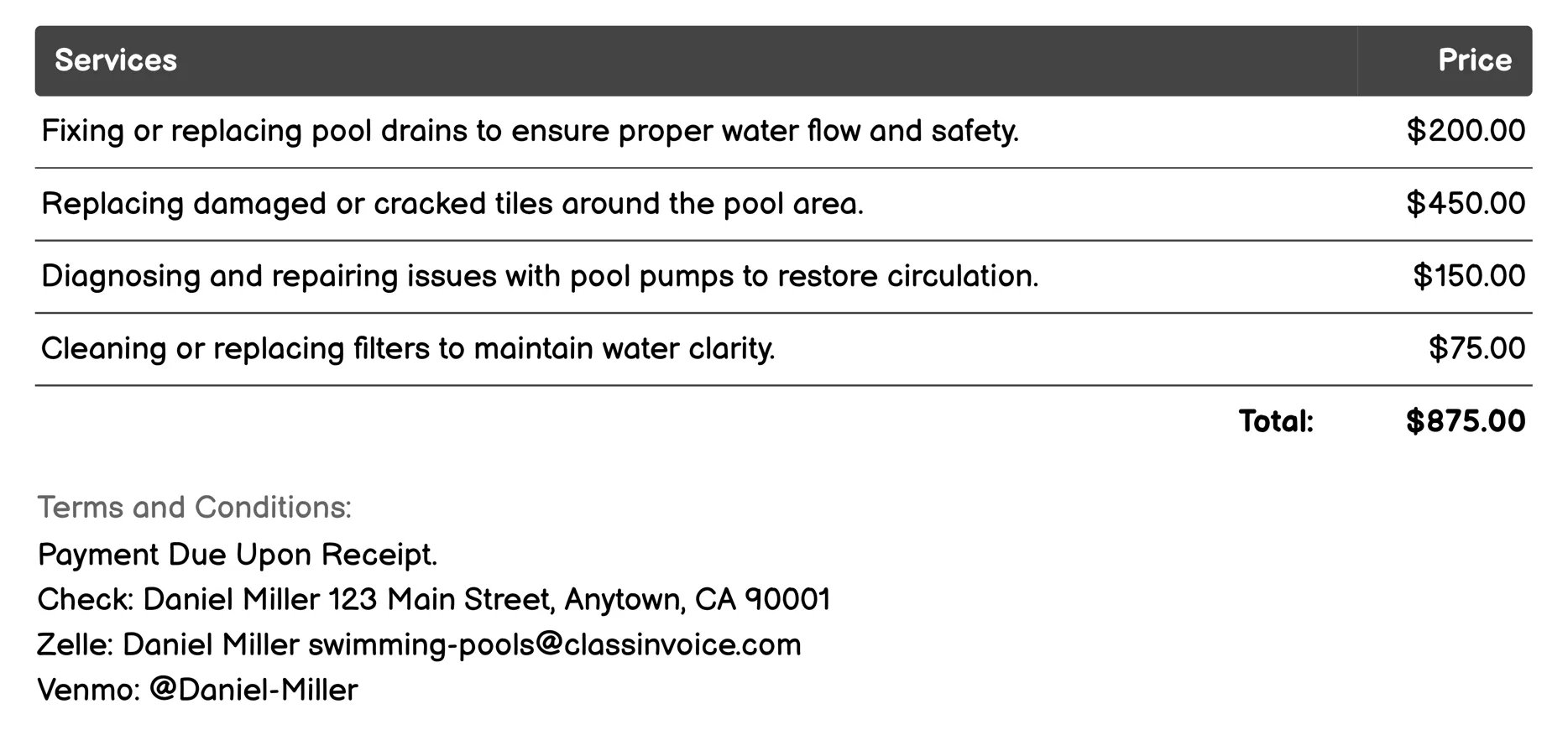 Pool Repair Services Invoice Example