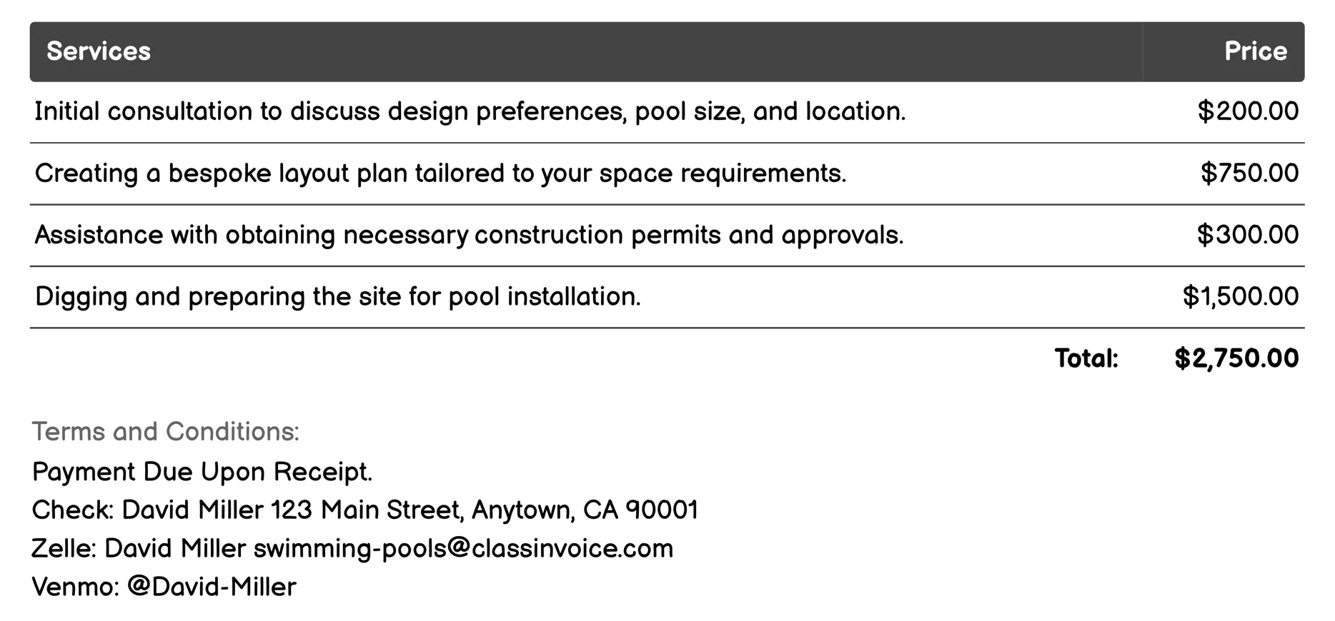 Swimming Pool Design and Construction Invoice Example