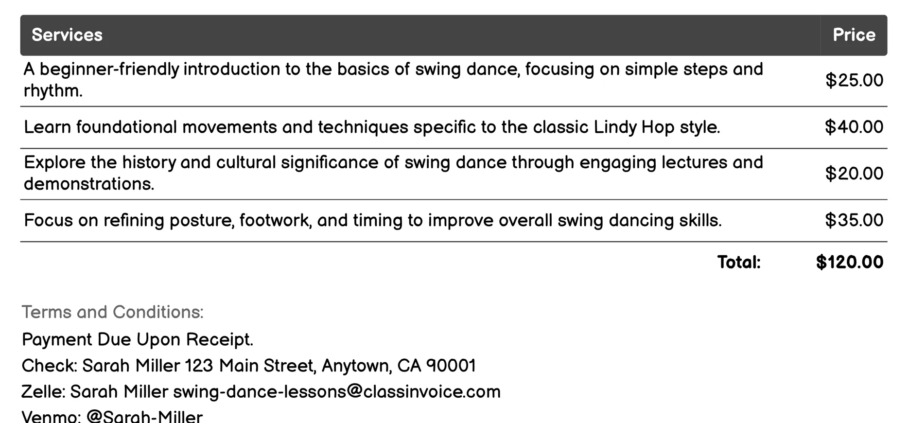 Beginner Lessons Invoice Example