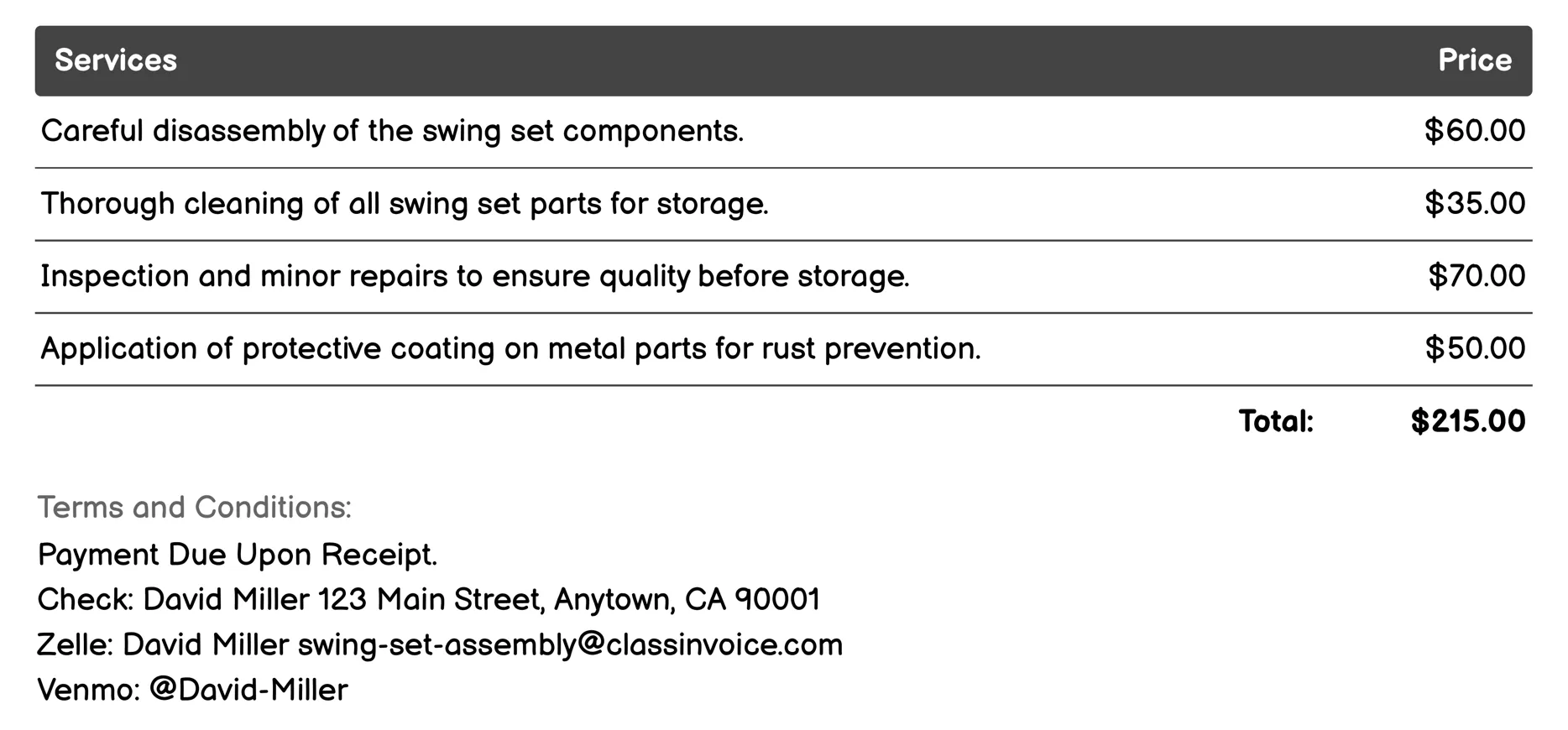 Winter Storage and Disassembly Service Invoice Example