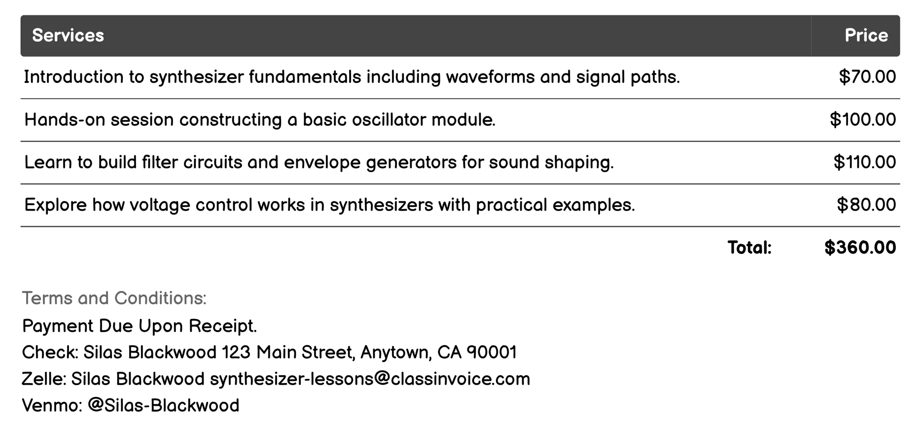DIY Synthesizer Building Classes Invoice Example
