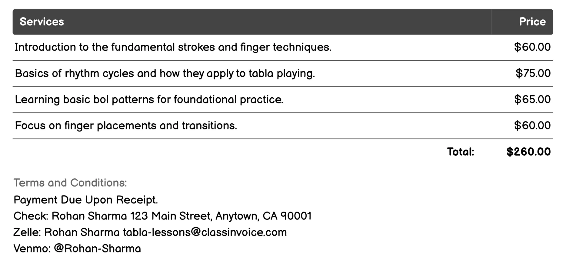 Beginner Tabla Workshops Invoice Example