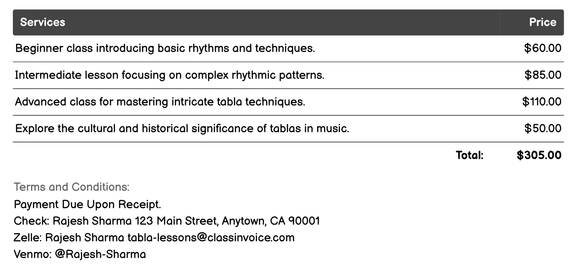 Group Tabla Classes Invoice Example