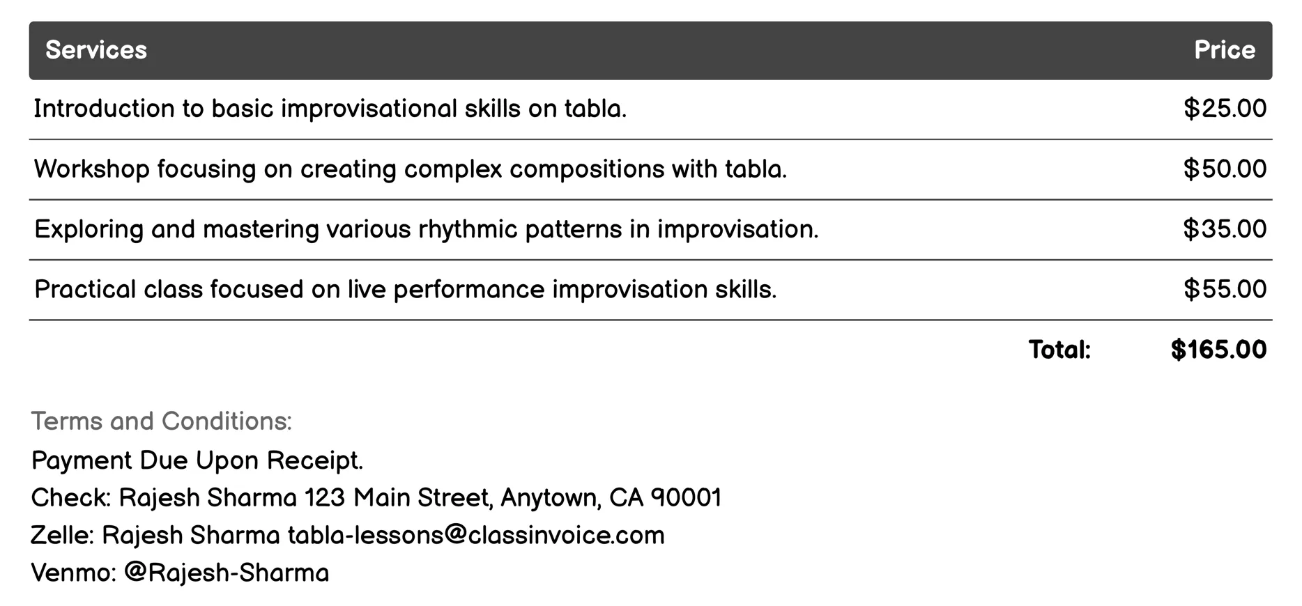 Improvisation and Composition Classes Invoice Example
