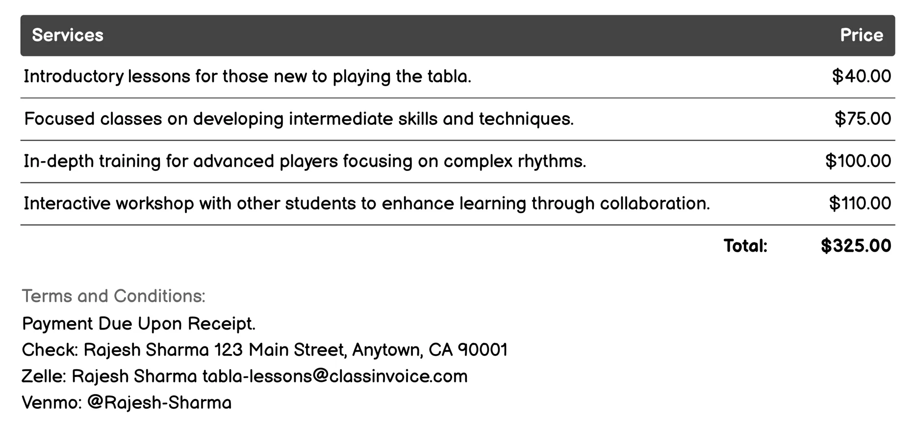Tabla Masterclasses Invoice Example