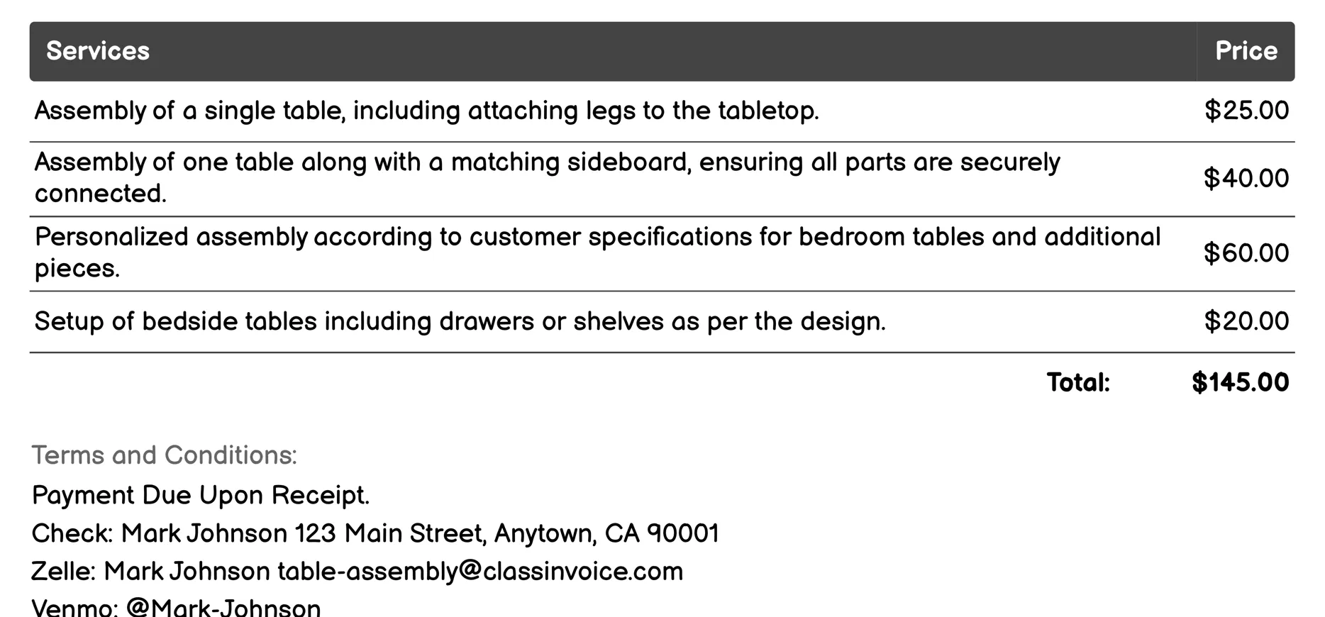 Bedroom Furniture Assembly Invoice Example