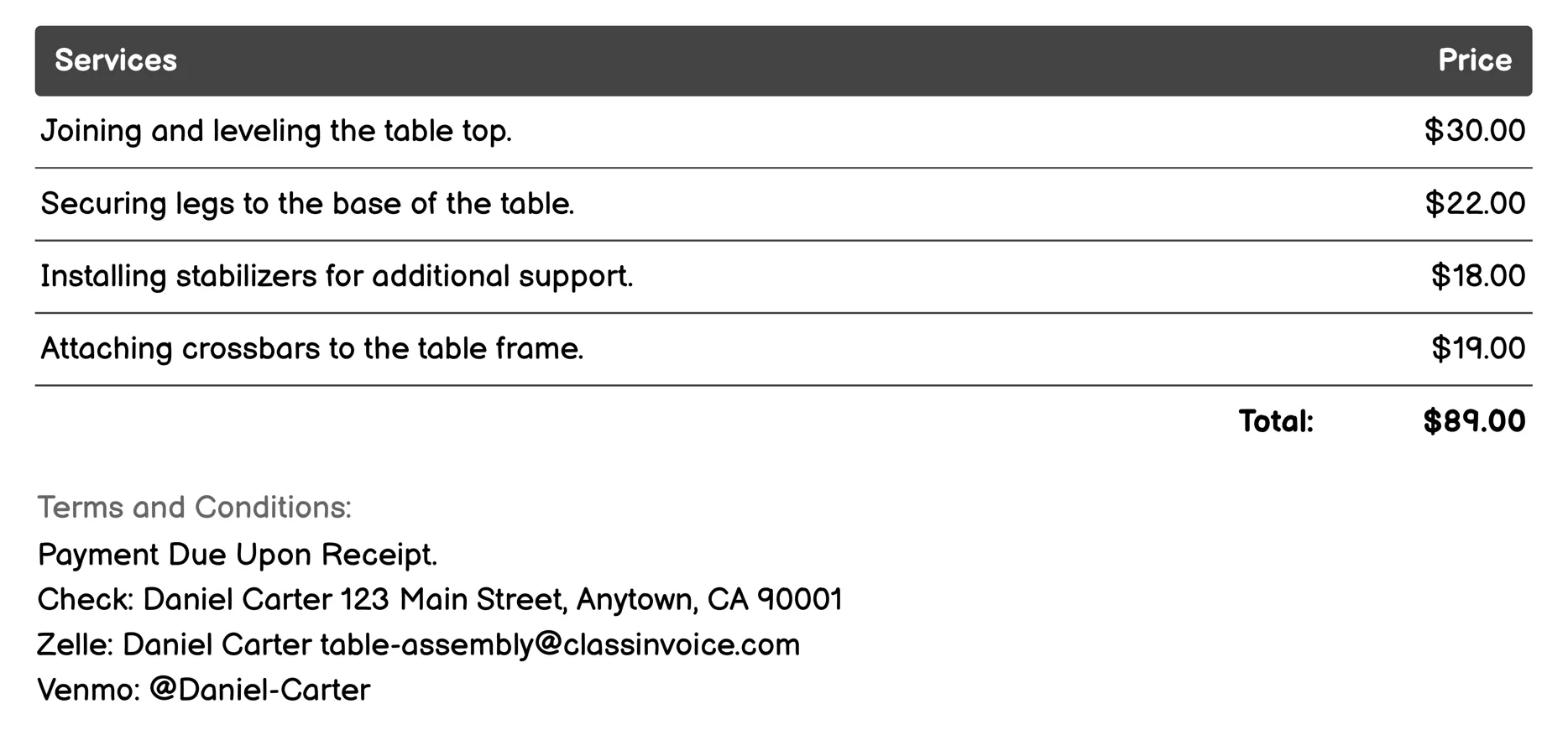 Dining Room Furniture Assembly Invoice Example