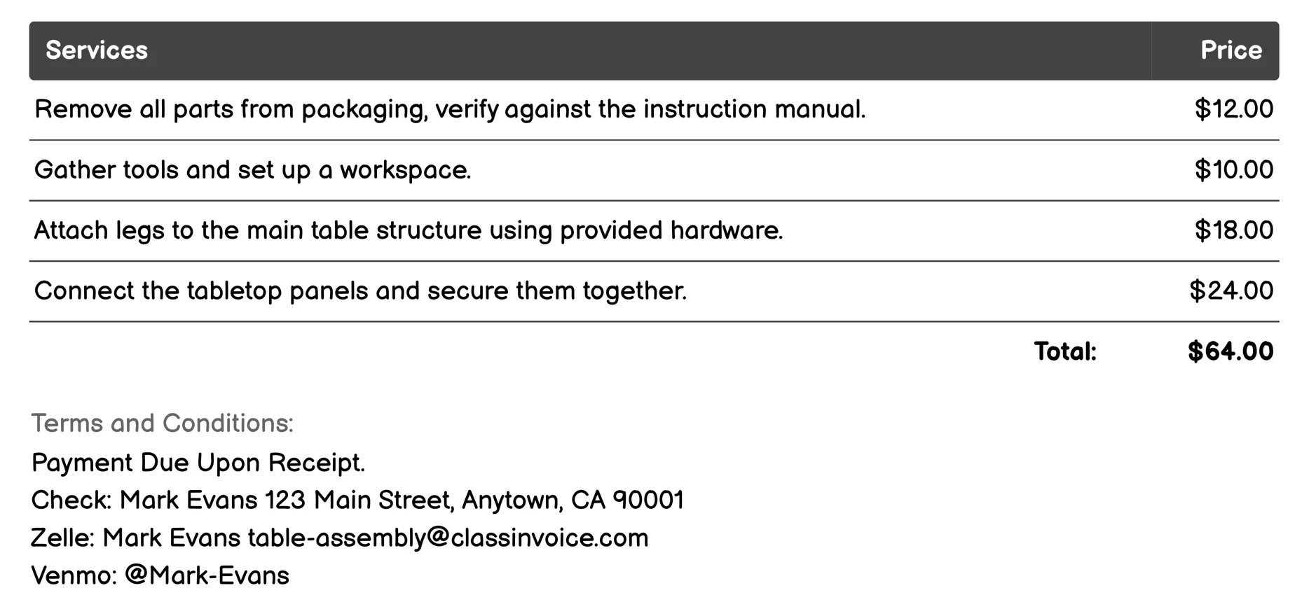 Flat-Pack Furniture Assembly Invoice Example