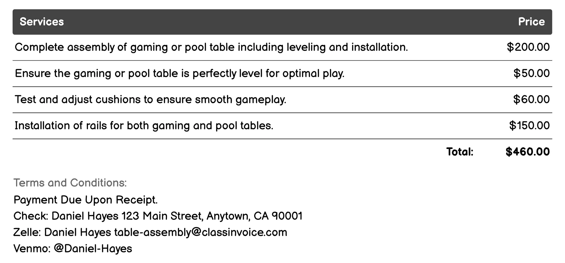 Gaming or Pool Table Installation Invoice Example