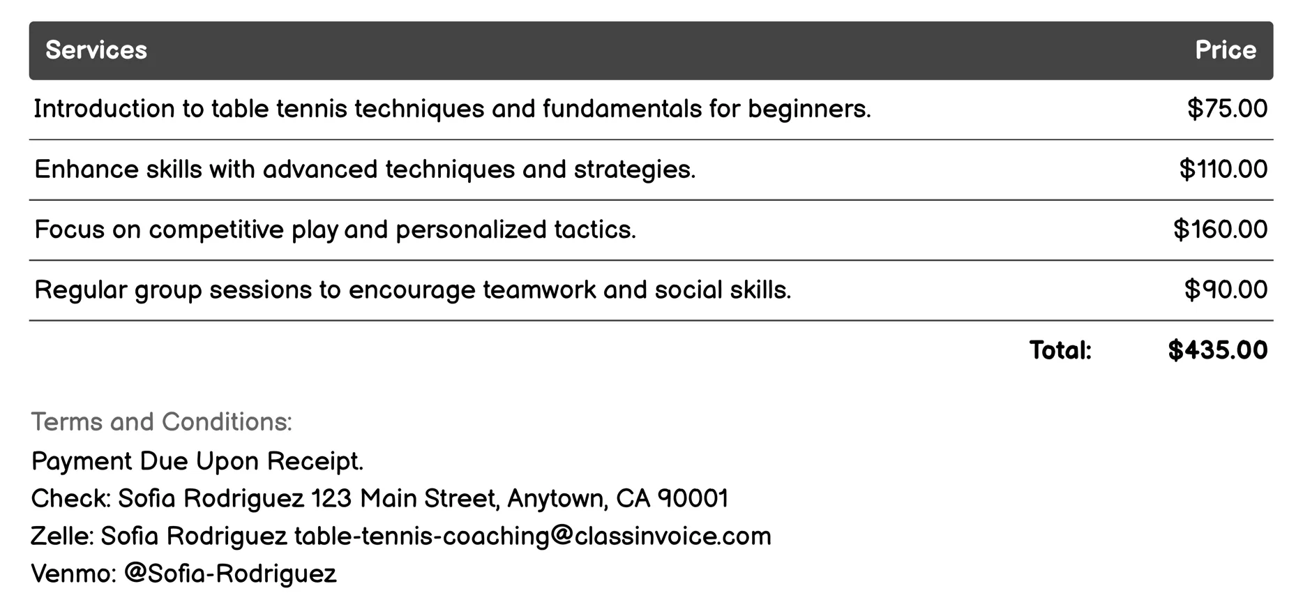 Youth Coaching Programs Invoice Example