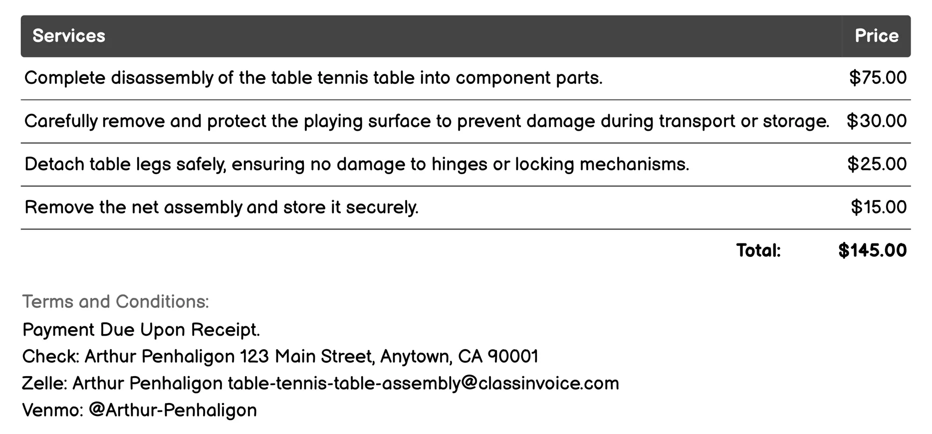 Disassembly and Storage Invoice Example