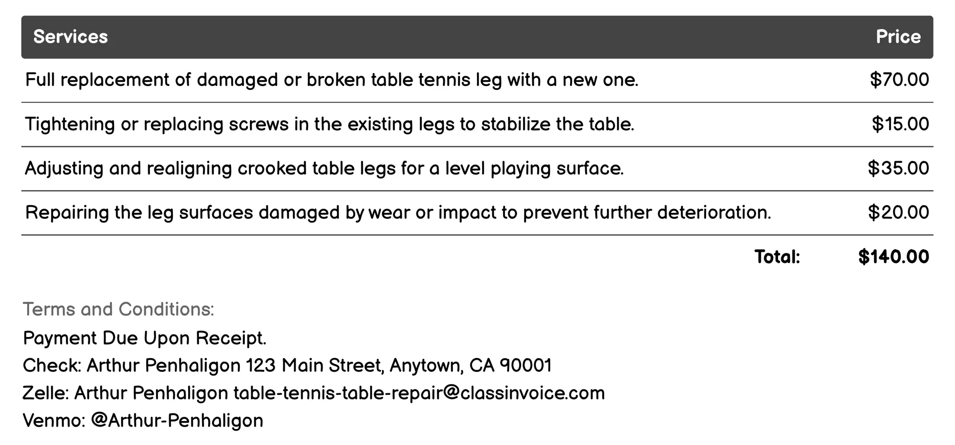 Leg Repair Invoice Example