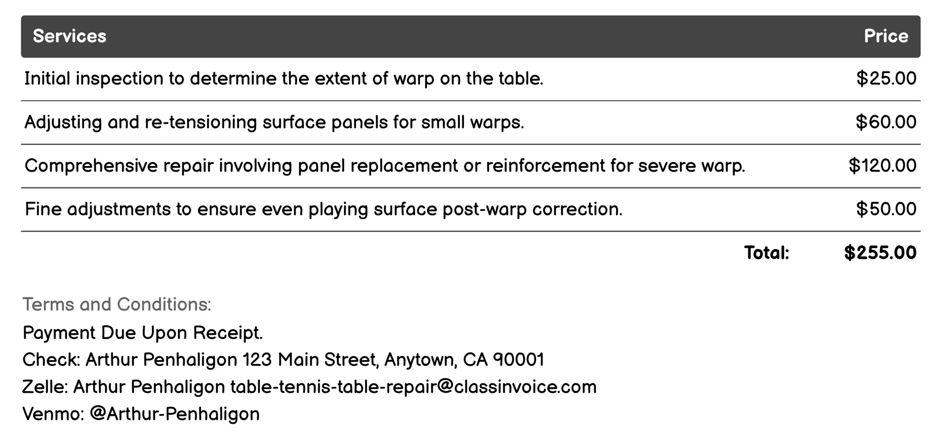 Warp Correction Invoice Example