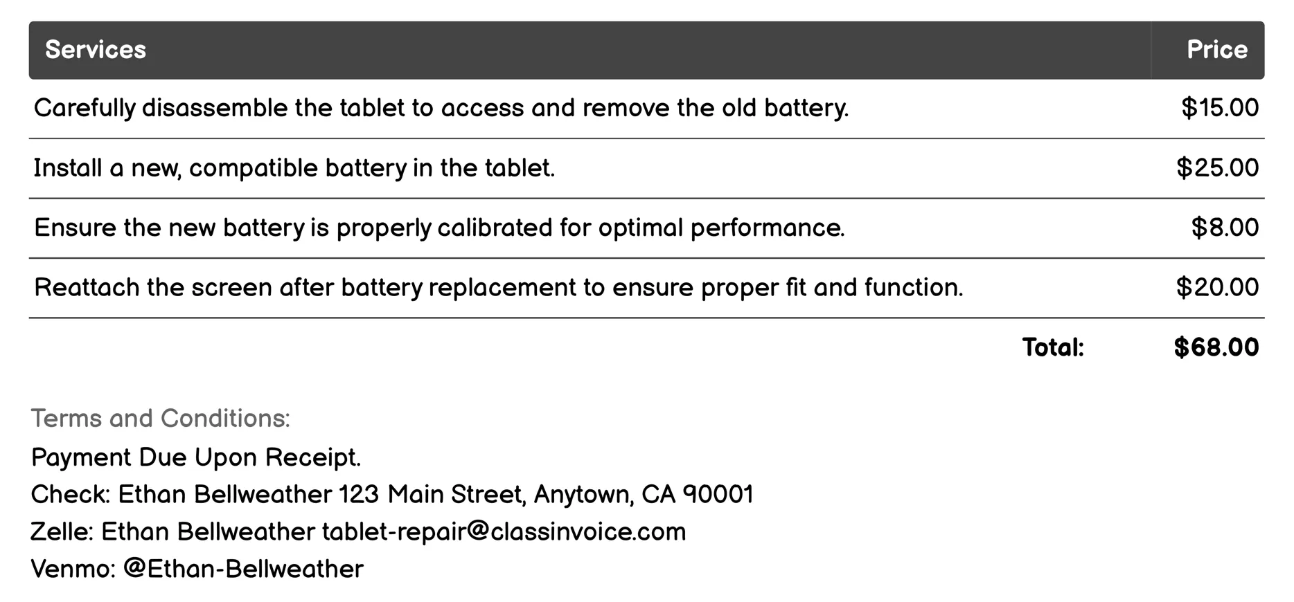 Battery Replacement Invoice Example