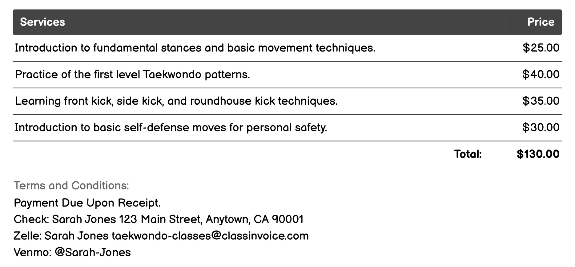 Beginner Classes Invoice Example