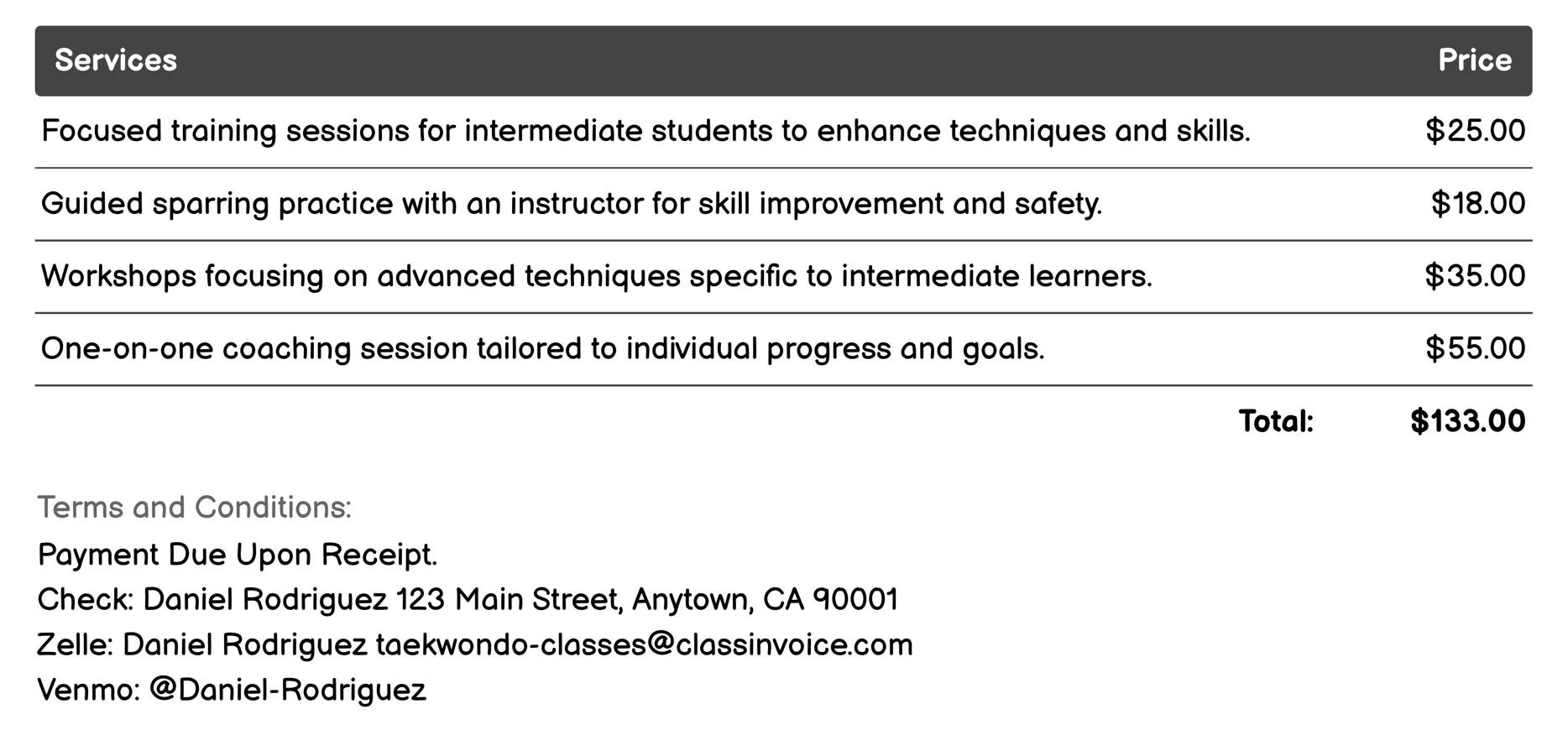 Intermediate Classes Invoice Example