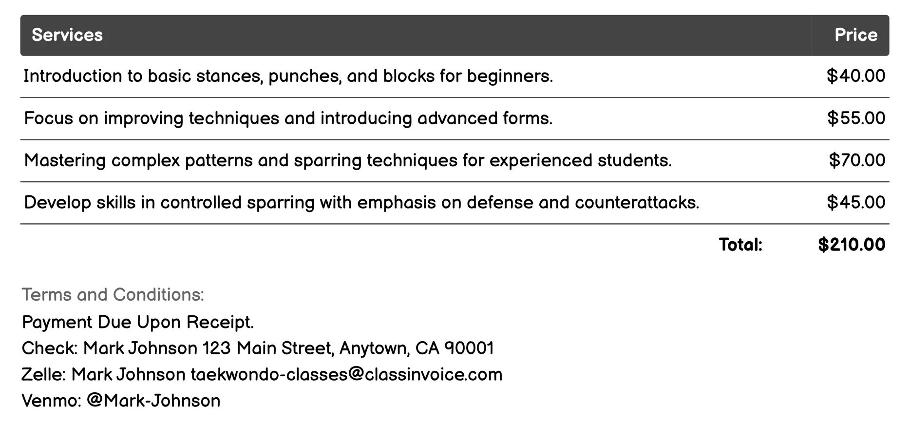 Private Lessons Invoice Example