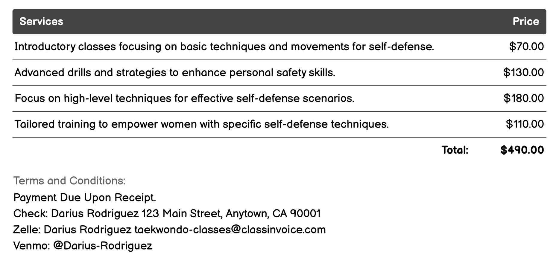 Self-Defense Training Invoice Example