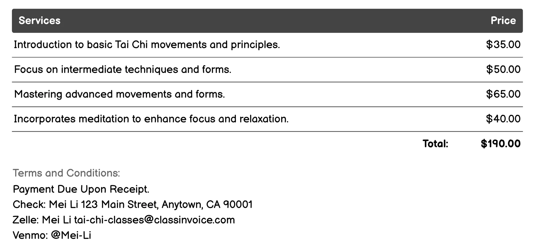 Private Tai Chi Lessons Invoice Example
