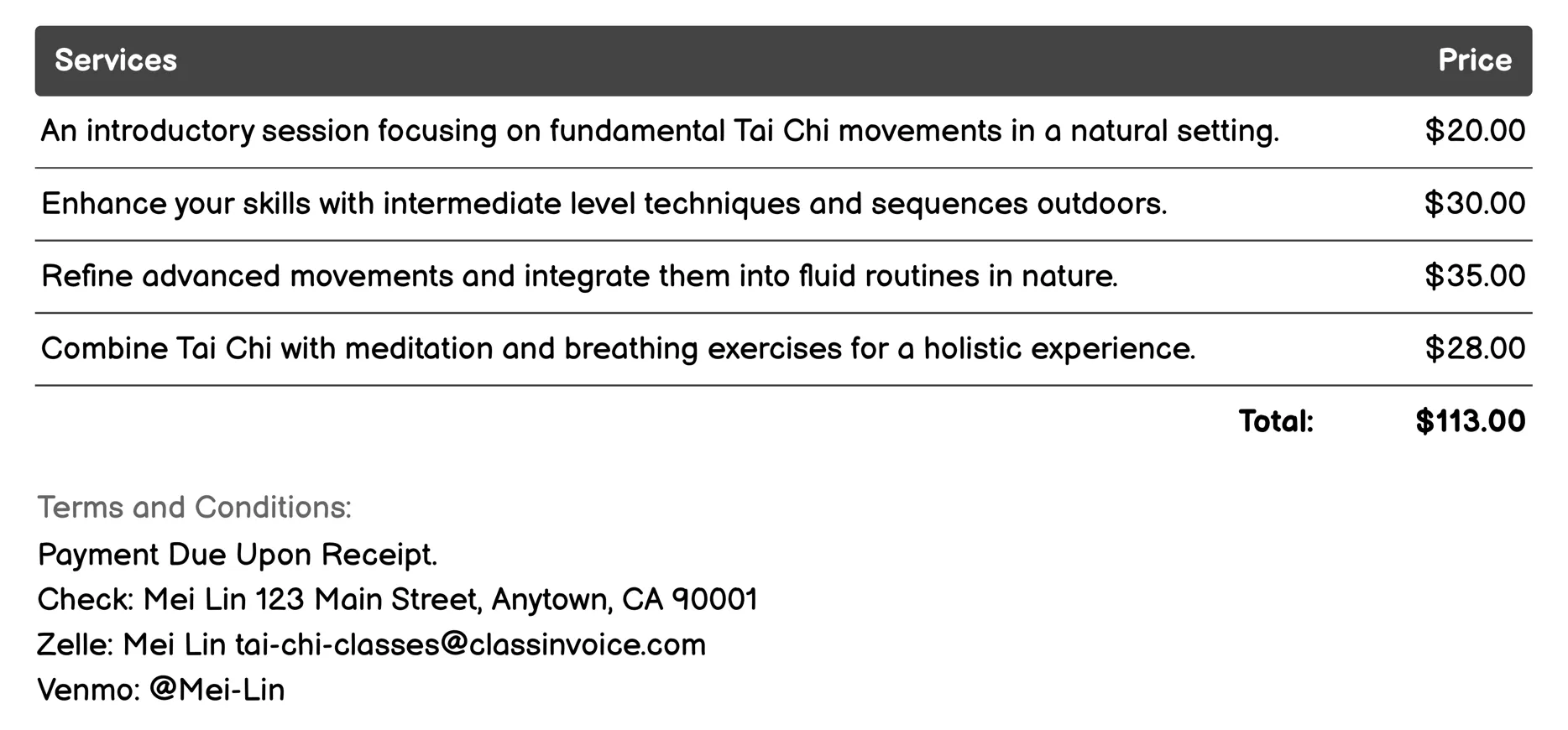 Tai Chi in Nature Invoice Example