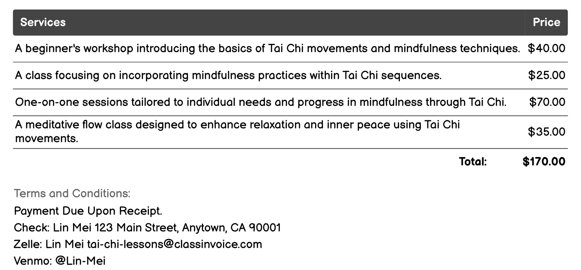 Mindfulness and Meditation in Tai Chi Invoice Example