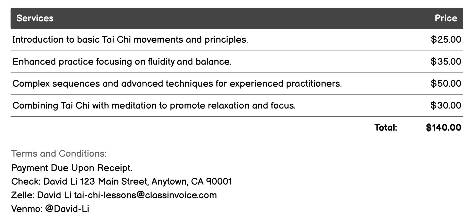 Tai Chi Fitness Classes Invoice Example