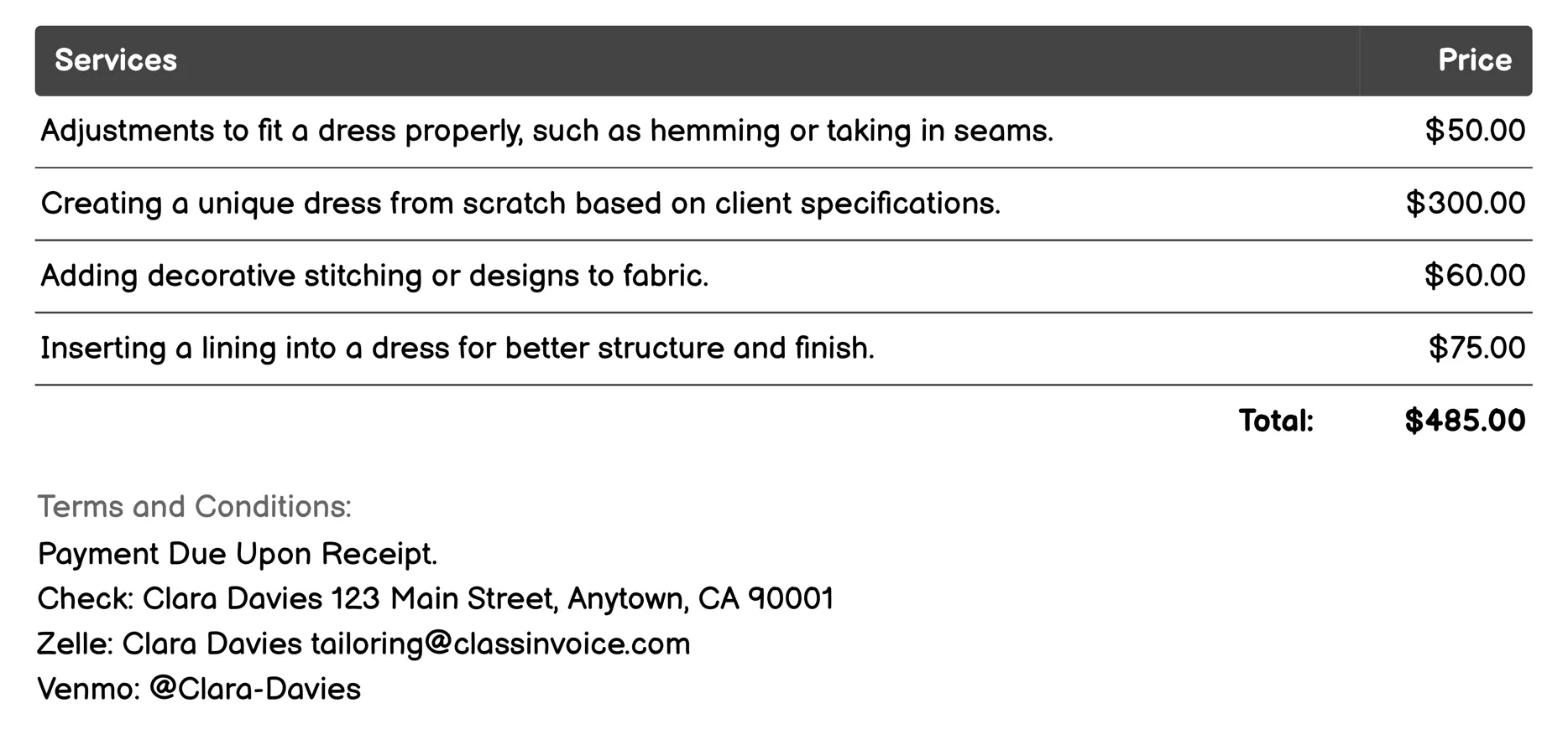 Dressmaking Invoice Example