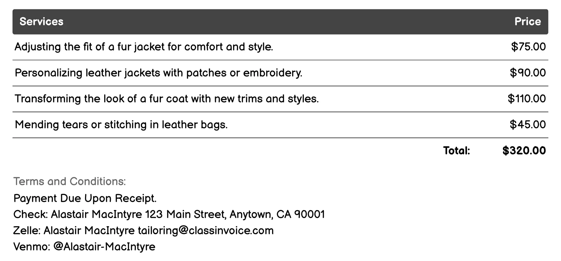 Fur and Leather Tailoring Invoice Example