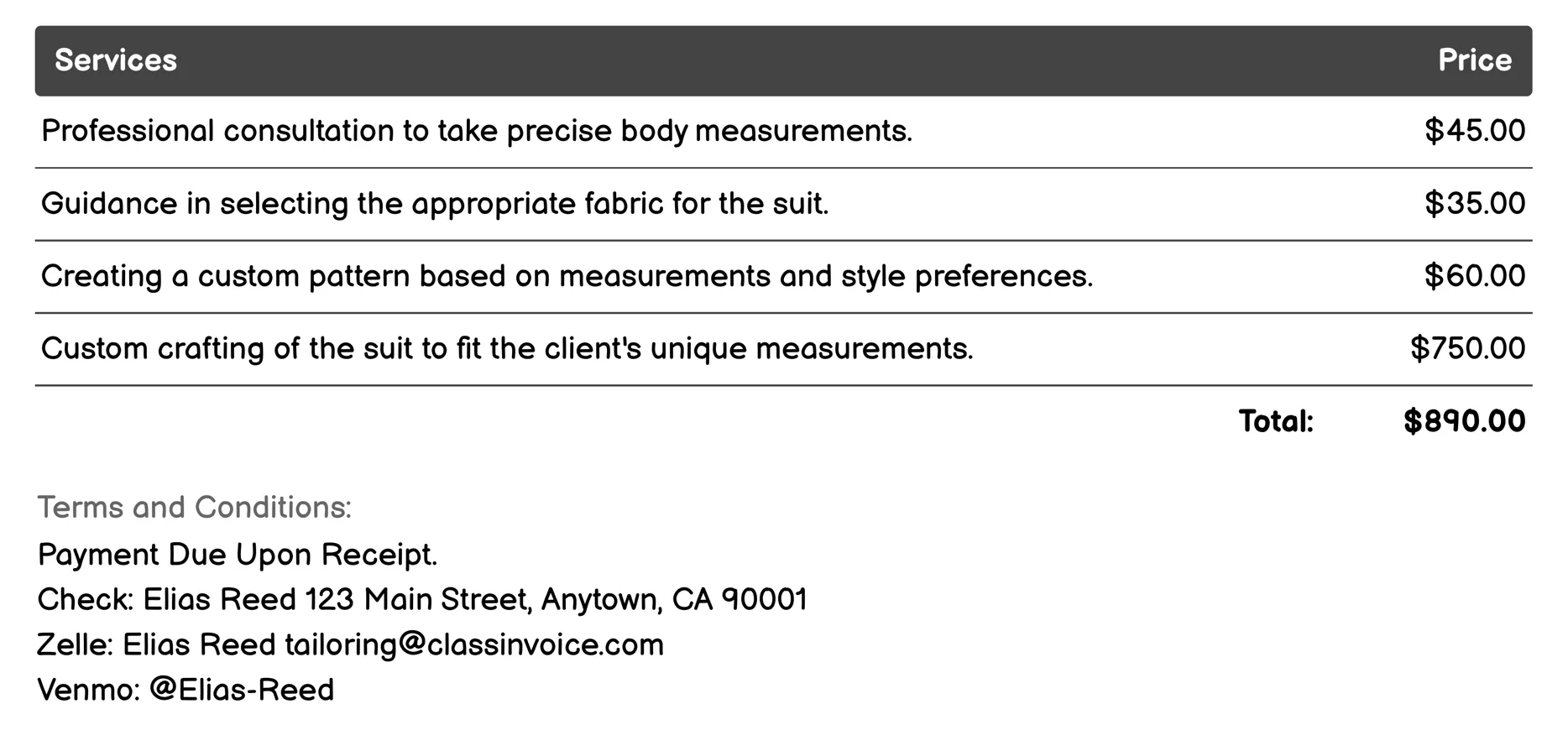 Suit Customization Invoice Example