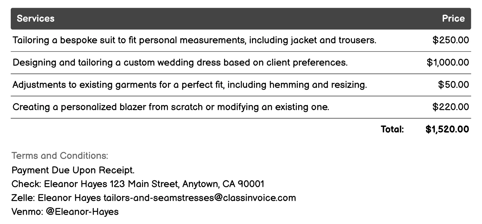 Custom Clothing Invoice Example
