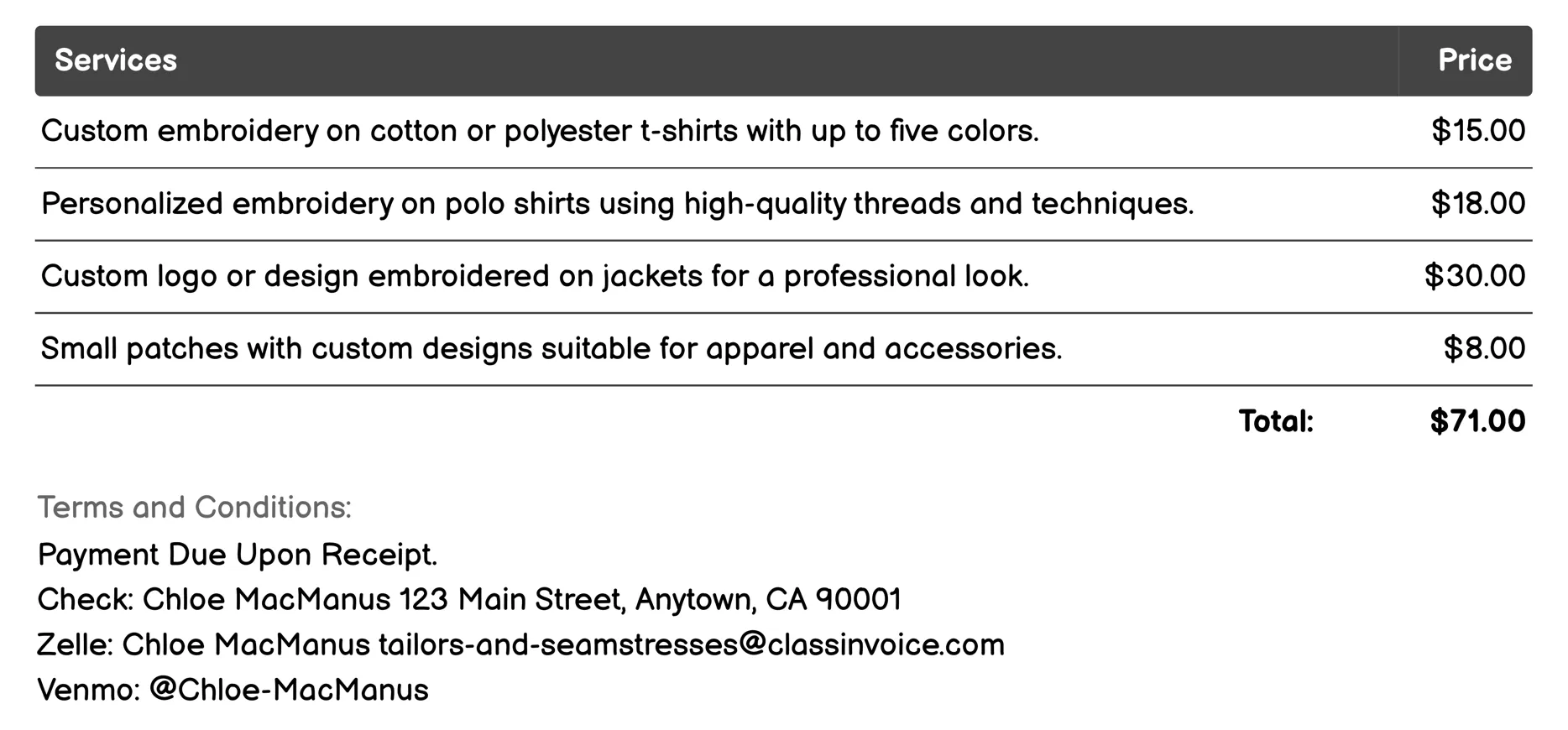 Embroidery Services Invoice Example