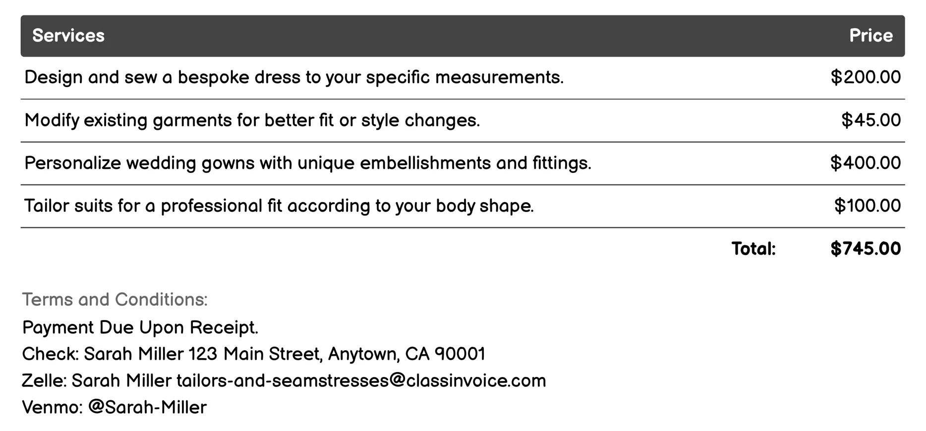 Home Sewing Services Invoice Example