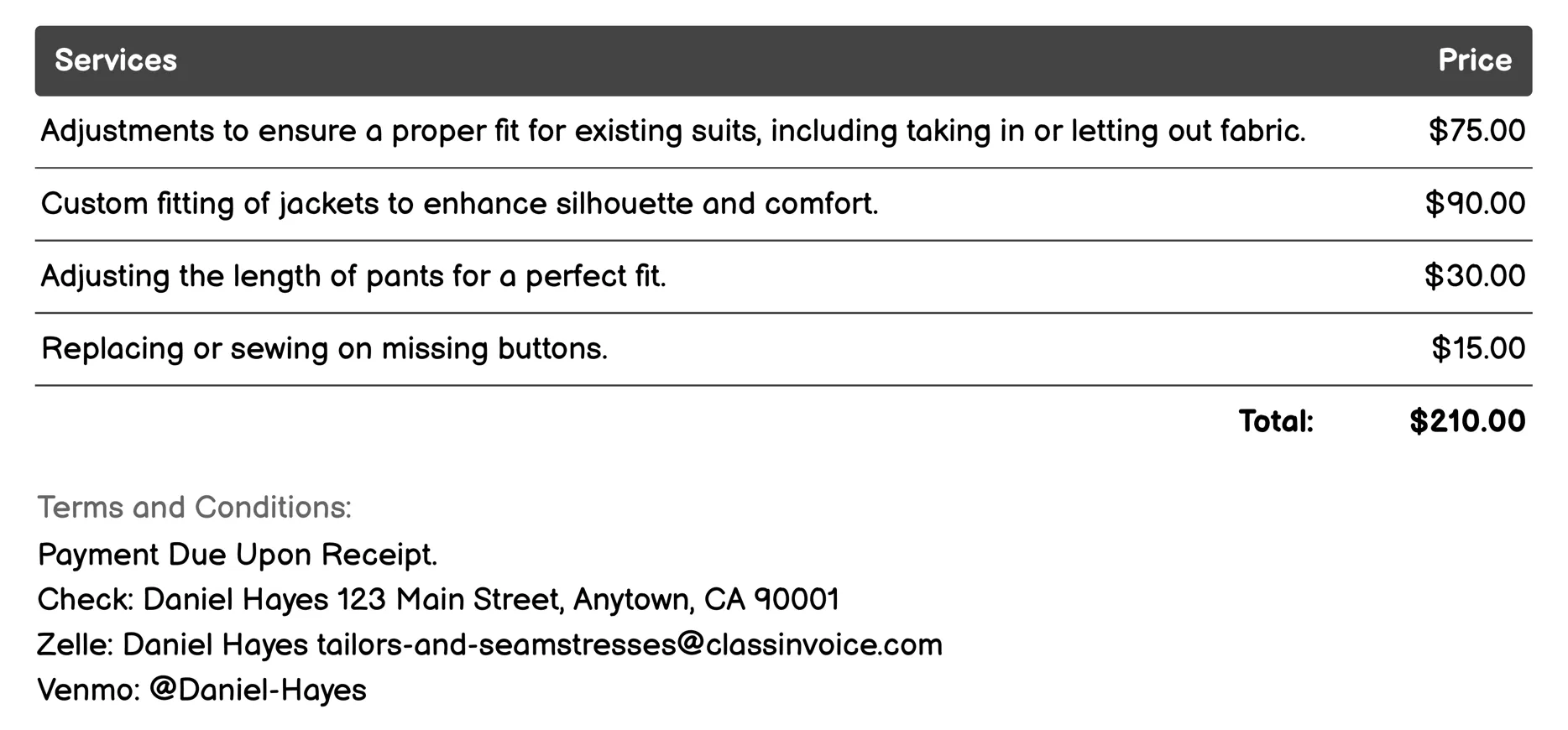 Suit and Formal Wear Invoice Example
