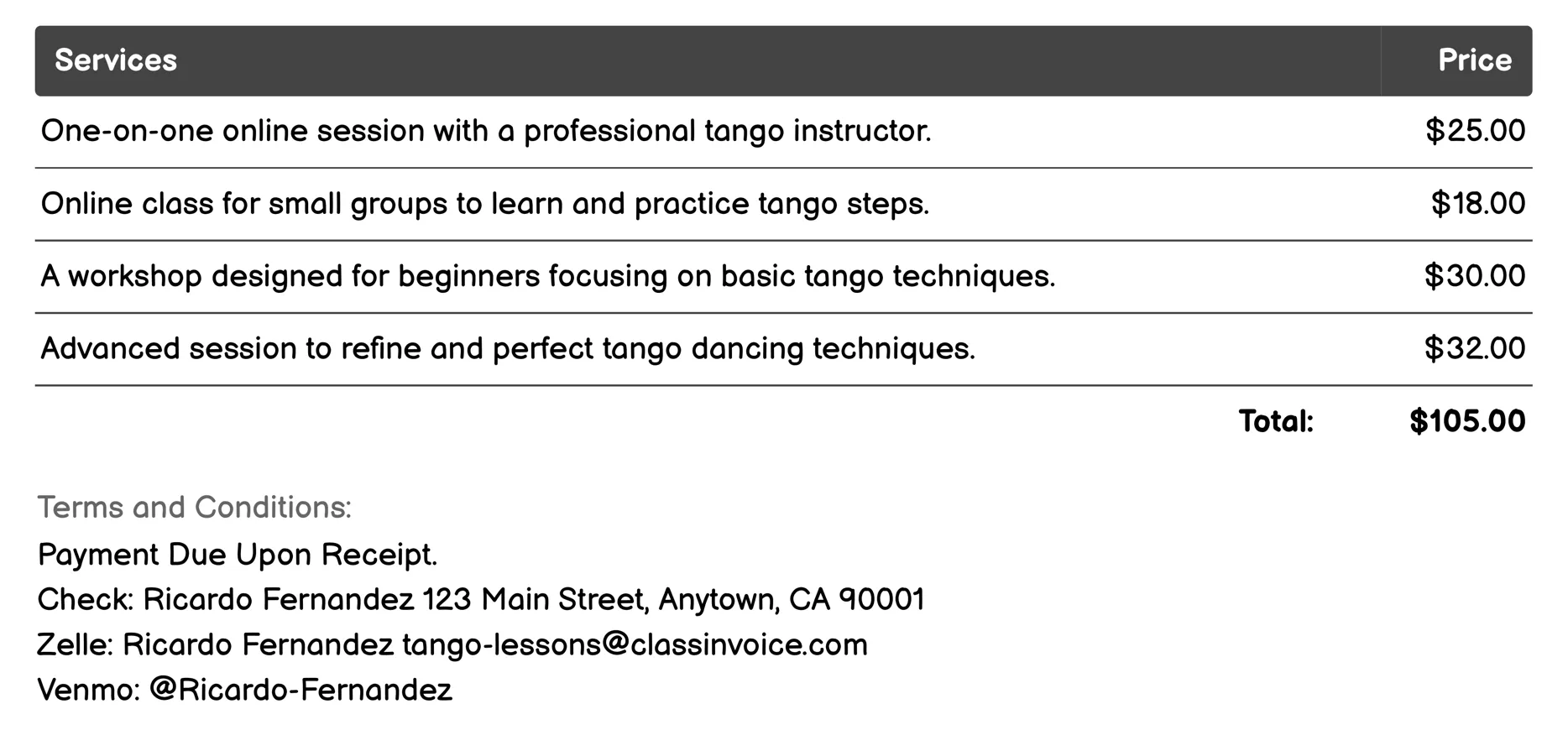 Online Virtual Lessons Invoice Example