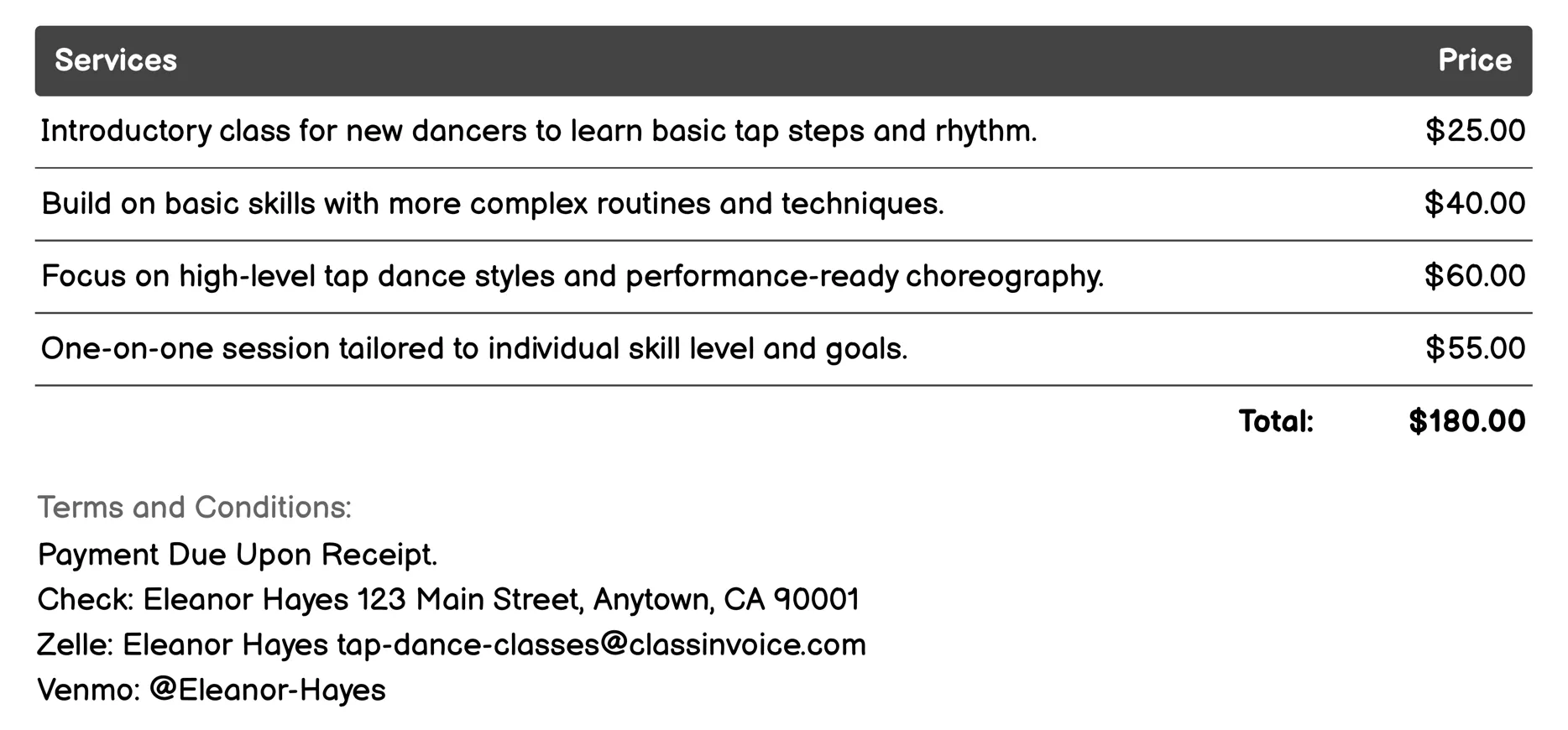 Tap Dance Workshop Invoice Example