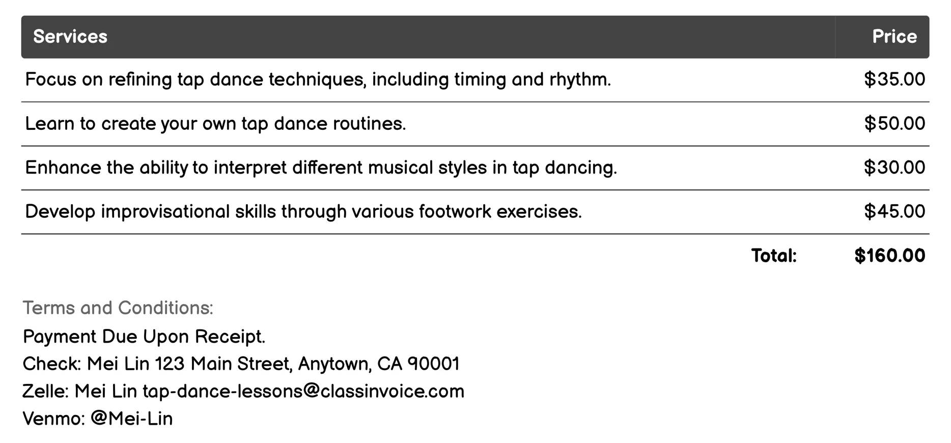 Intermediate Tap Dance Workshops Invoice Example