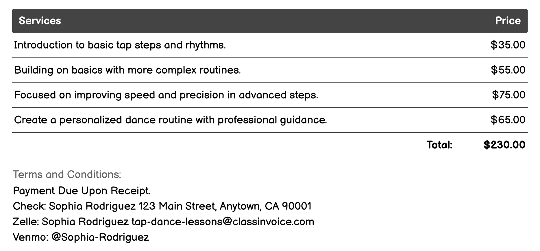 Private Tap Dance Lessons Invoice Example
