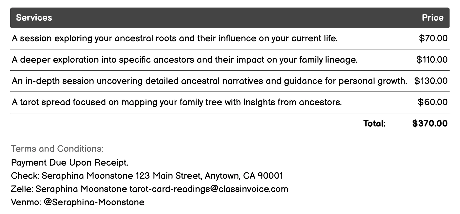 Ancestral Connection Reading Invoice Example