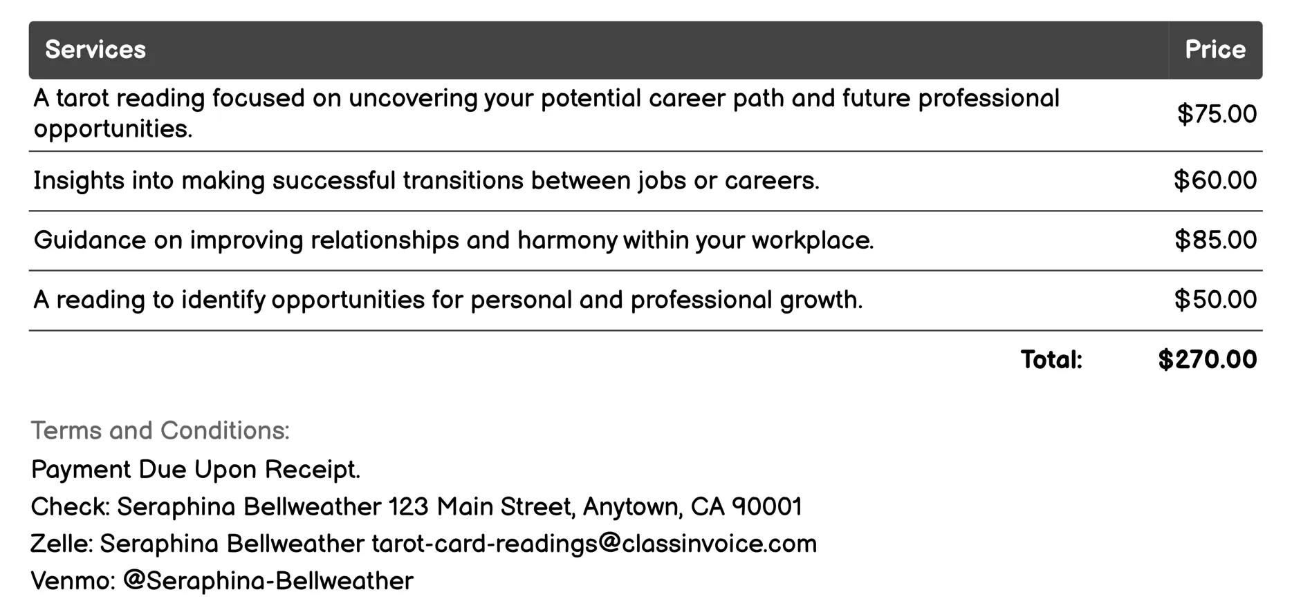 Career and Professional Guidance Invoice Example