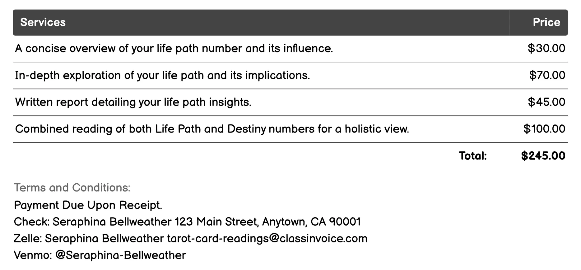 Life Path Reading Invoice Example