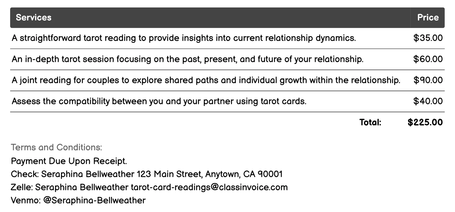 Love and Relationship Reading Invoice Example
