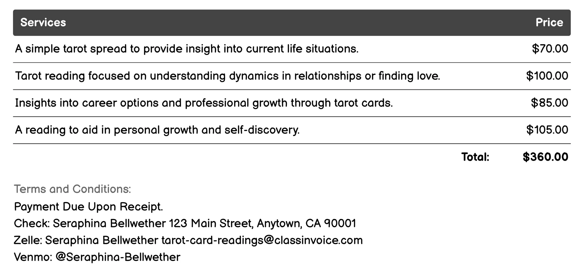 Spiritual Guidance Invoice Example